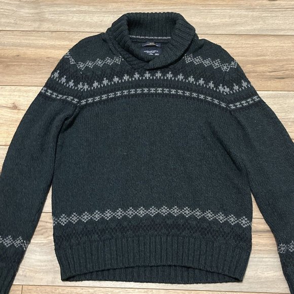 Men's American Eagle AE Cowl Neck Knit Sweater SZ LARGE Navy Blue Gray Pattern - Picture 2 of 9